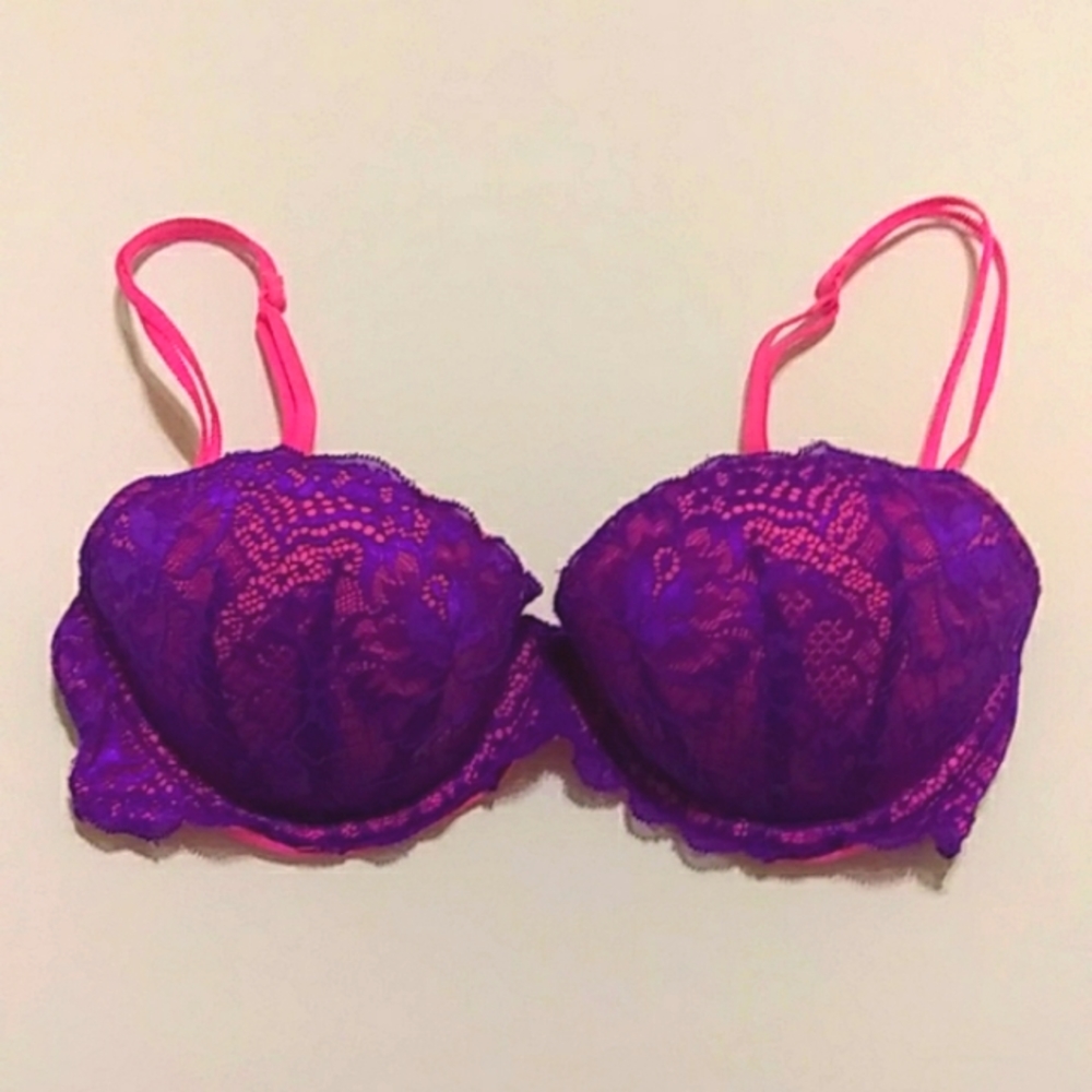 Pink Victorias Secret Purple & Pink Date Bra Sz 32D Push Up
